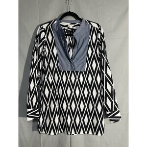 J Crew Tunic Top Womens Small Black White Bib V Neck Lightweight Diamond Boho